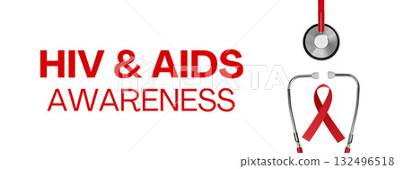 Stethoscope and red ribbon on white background, isolated, PNG 132496518