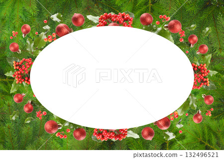 Festive border with green leaves and red ornaments, isolated, PNG Festive border with green leaves and red ornaments, isolated, PNG 132496521