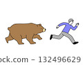 一個簡單的線條畫向量插圖，描繪了一個男人逃離追趕他的熊 132496629