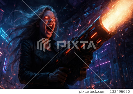 Furious Woman Blasting Energy Weapon Combat Cyber City 132496650