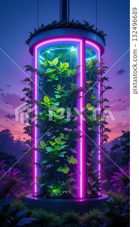 Vertical Farm Tower at Sunset with Lush Plants and Neon Pink Illumination 132496689