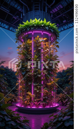 Vertical Farming Tower with Neon Lights in an Urban Greenhouse 132496690