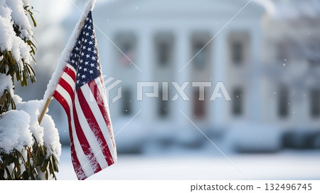 Snowy scene with American flag and White House in winter landscape captures the beauty of a cold day Snowy scene with American flag and White House in winter landscape captures the beauty of a cold day 132496745