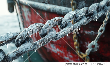 Ice-covered chain of a boat rests against a weathered hull in a cold, wintry harbor 132496762