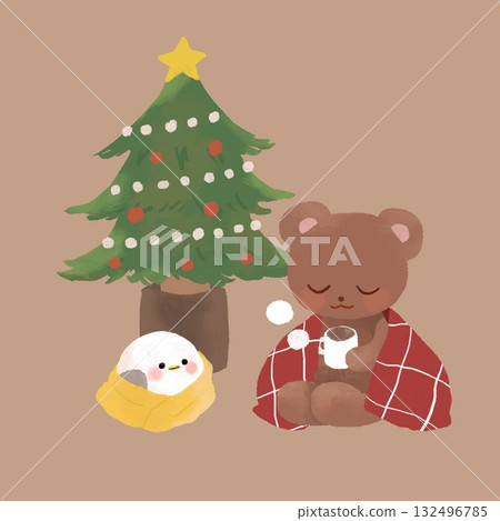 Christmas tree, bear and long-tailed tit Christmas tree, bear and long-tailed tit 132496785