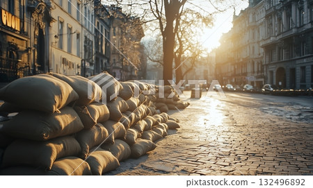 Sandbags stacked along a street at sunset in a historic urban area 132496892