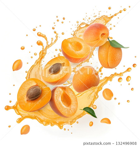 Ripe apricots and juicy splashes of orange nectar on white background fruit 132496908