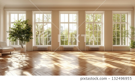 Bright and spacious empty room with large windows overlooking greenery in a modern home 132496955