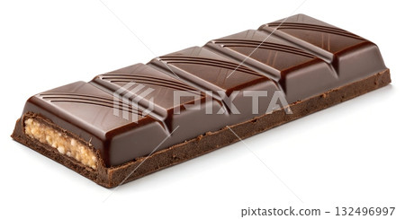 Dark chocolate bar with crunchy nut filling and ribbed segments against white background 132496997