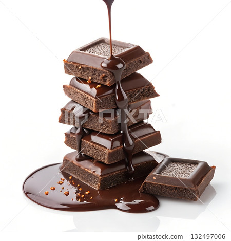 Stack of dark chocolate bars with liquid chocolate pouring over them Melted Chocolate 132497006