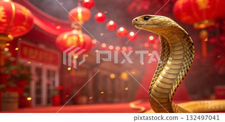 A cobra's head and neck curve forward against a backdrop of red lanterns and blurry festive decorations 132497041