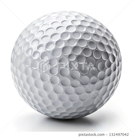 A detailed close up of a single white golf ball with dimples on a clean white background 132497042