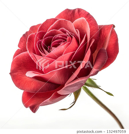 A single red rose in full bloom with detailed petals and a green stem against a white background A single red rose in full bloom with detailed petals and a green stem against a white background 132497059