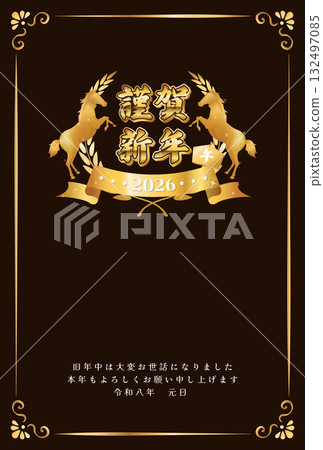 馬年新年賀卡模板，帶有馬和月桂花環 132497085