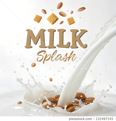 Cereal cookies and almonds splashing into milk with text food breakfast 132497145