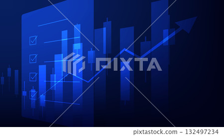 stock market chart with candlesticks and bar graph with checklist on blue background 132497234