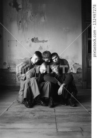 A group of men are sitting on the floor in a room 132497278