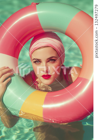A woman in a bikini is holding a pink and yellow inflatable ring in a pool 132497279
