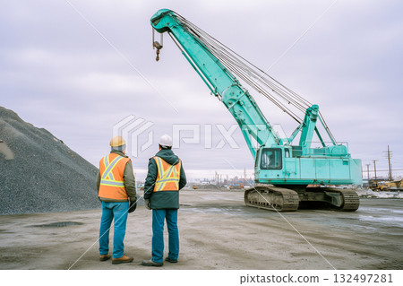 Two men are standing next to a large green crane 132497281