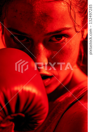 A woman wearing a red boxing glove is shown in a close up 132497285