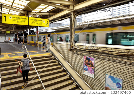 People waiting for a train on the Sobu Line platform at JR Nakano Station 132497400