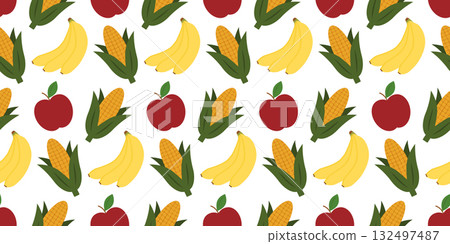 Corn Bunch Banana and Apple Seamless Pattern Banner Format Kwanzaa Greeting Backdrop Seasonal Fruits 132497487