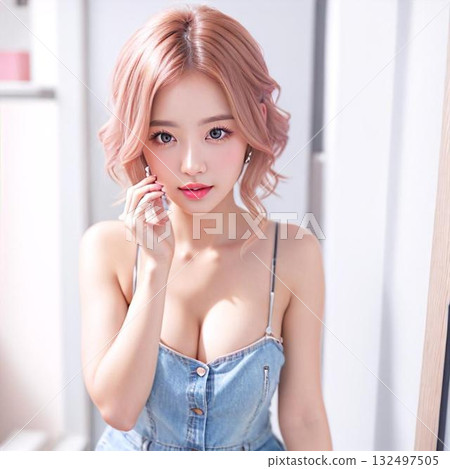 Young woman, portrait, beauty image, smartphone, smiling 132497505