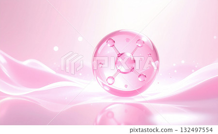 閃亮的粉紅色美容分子的抽象背景 | 靈感來自透明質酸、膠原蛋白、神經酰胺和煙酰胺的組合 132497554
