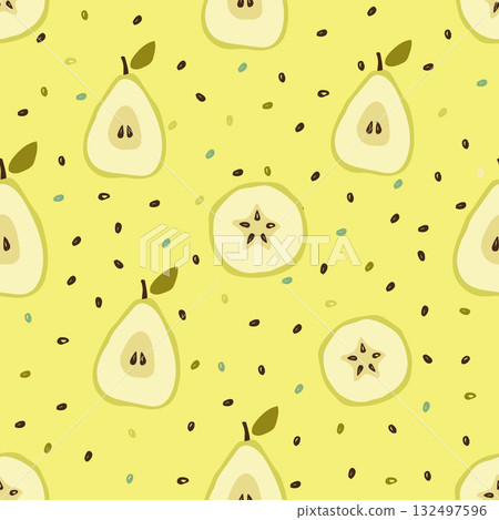 Whole and sliced pears with seeds and leaves on a yellow background. Seamless fruit vector pattern in flat cartoon style. Healthy eating concept. Design for textiles, wallpaper, print, and packaging. Whole and sliced pears with seeds and leaves on a yellow background. Seamless fruit vector pattern in flat cartoon style. Healthy eating concept. Design for textiles, wallpaper, print, and packaging. 132497596