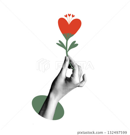 Hand holding red heart-shaped flower in halftone collage style isolated on white background. Concept of love, care, and giving. Concept of love, care, and giving. Modern vector illustration in mixed Hand holding red heart-shaped flower in halftone collage style isolated on white background. Concept of love, care, and giving. Concept of love, care, and giving. Modern vector illustration in mixed 132497599