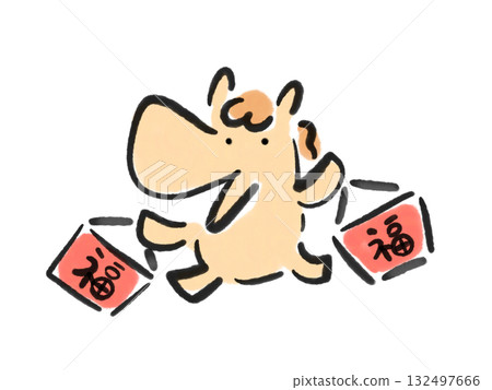 A cute horse running with a lucky bag in both hands. New Year's sale. Sumi-e. Hand-drawn. A cute horse running with a lucky bag in both hands. New Year's sale. Sumi-e. Hand-drawn. 132497666