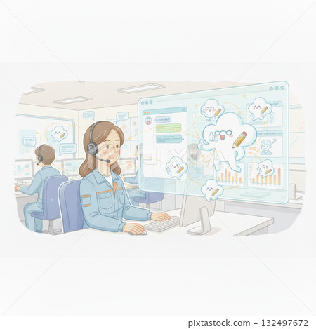 Watercolor painting Life with AI: Cloud AI and operators supporting call center operations AI and digital technology Watercolor painting Life with AI: Cloud AI and operators supporting call center operations AI and digital technology 132497672