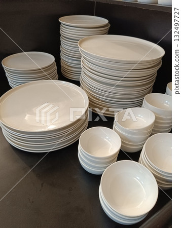 Picture of plates and bowls with selective focus 132497727
