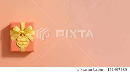 Gift box with yellow ribbon and special offer tag on pastel background Gift box with yellow ribbon and special offer tag on pastel background 132497889