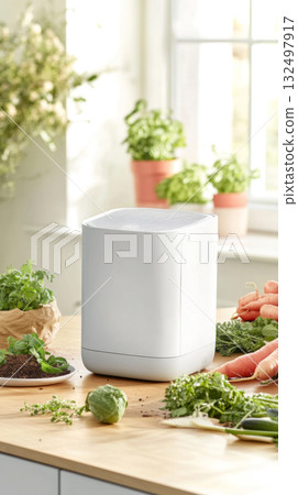 Indoor compost setup with fresh vegetables and herbs on kitchen counter 132497917