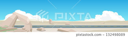 Landscape of smooth asphalt road. On dry area of sand. And interspersed with strange rocks. Under the blue sky and white clouds. For banner background. 132498089