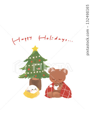 聖誕樹、長尾山雀和熊 132498165