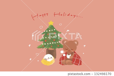 Christmas tree, long-tailed tit and bear Christmas tree, long-tailed tit and bear 132498170