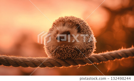 Cute Hedgehog on Rope at Sunset Light 132498244