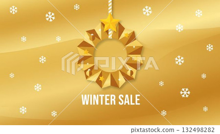 冬季促銷的華麗設計插圖，以金色漸變背景上閃閃發光的聖誕花環為特色 132498282