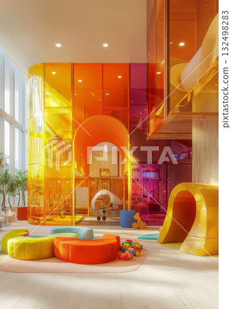 A section of the hospital lobby is dedicated to a children's play area, with bright, playful colors, toys, and kid-friendly furniture. 132498283