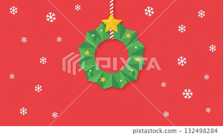 A pop and gorgeous Christmas design illustration with a green Christmas wreath and scattered snowflakes on a red background 132498284