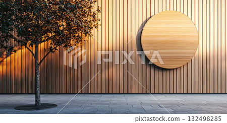 An elegant, minimalist wooden wall with clean light wooden panels that features a blank round sign. 132498285