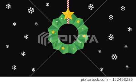 A modern and chic winter design illustration featuring a green Christmas wreath on a black background 132498286