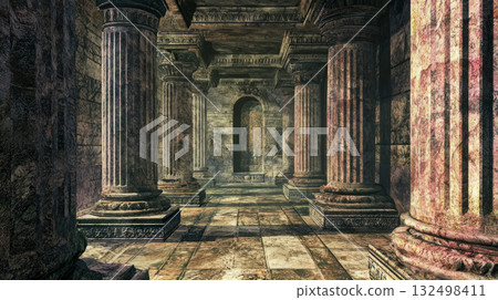 Classical corridor in an ancient temple, stone columns with faded carvings and marble mosaics 132498411