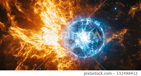 Cosmic birth of a star with swirling nebulae, fiery orange and blue plasma clouds expanding 132498412