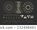 A set of astrology illustrations - Zodiac wheel with astrological symbols, constellations, and planetary symbols on a black background. Vintage illustration of an astronomical chart. Astrology and 132498481