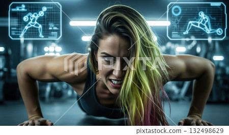 Intense Woman Performs Push-ups in Futuristic High-Tech Gym 132498629