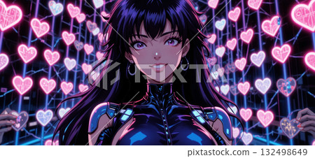 Smiling Cyberpunk Woman in Glossy Outfit Amidst Neon Heart Circuit Tunnel 132498649