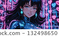 Cyberpunk Anime Woman in High-Tech Armor with Neon Hearts Background 132498650